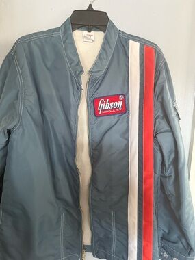 Gibson Steel Blue Bomber Jacket with Red and White Racing Stripes